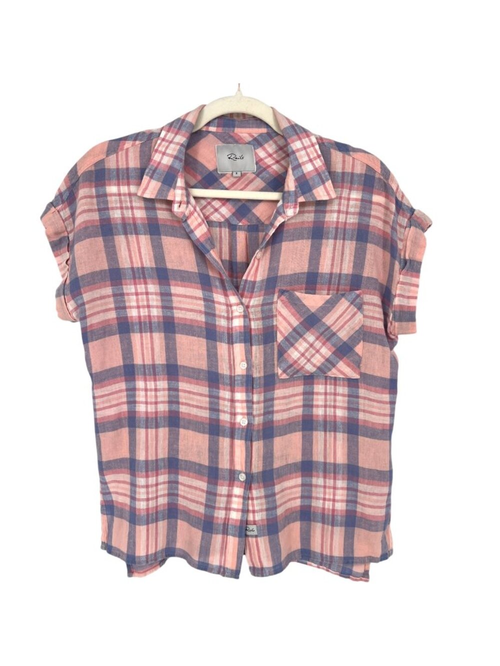 Rails Whitney Peach Blush Blue Plaid Short Sleeve Button Down Shirt Size Small